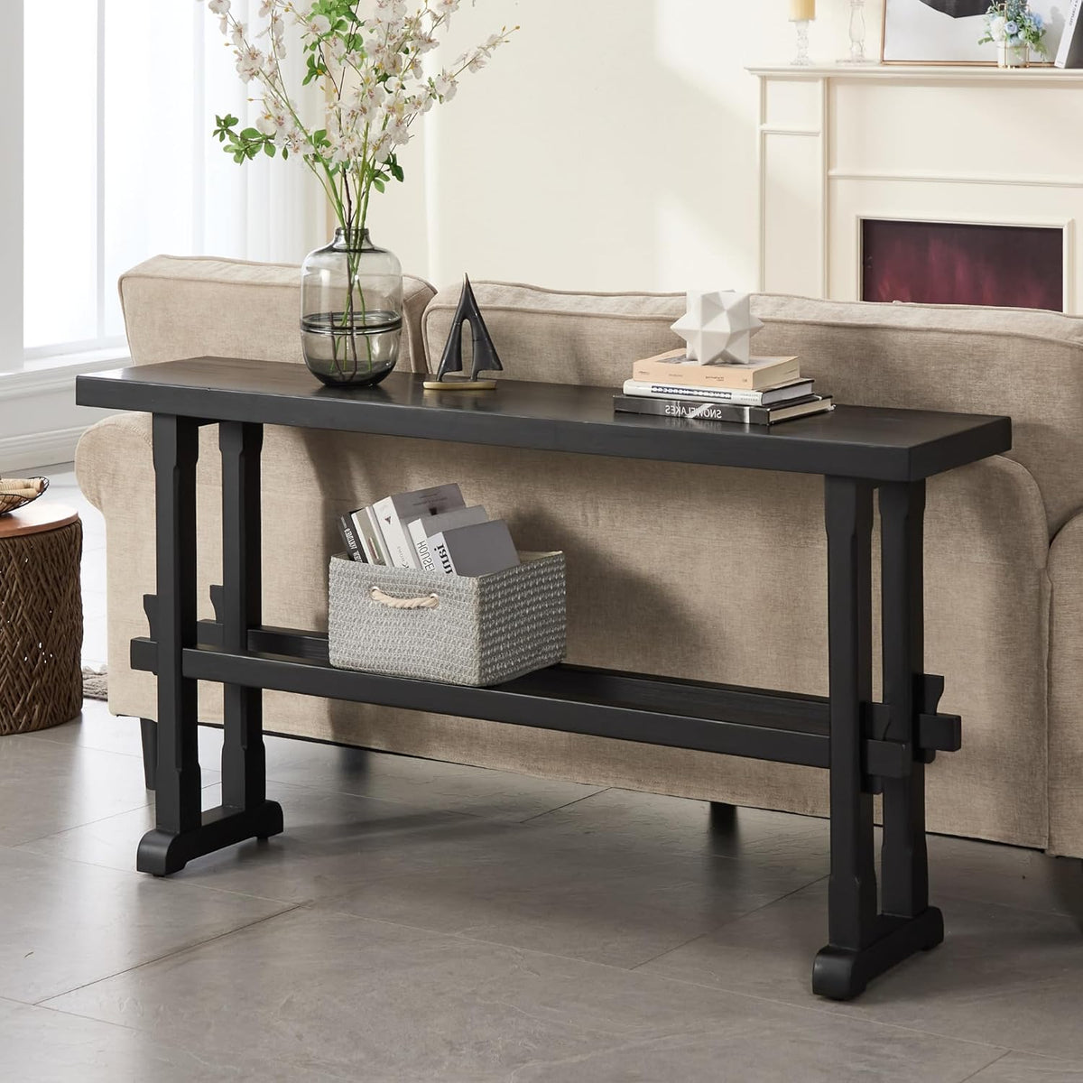 Narrow Entryway Table 59" Farmhouse Wood Long Skinny Console Table for Entryway Rustic Sofa Table for Living Room/Hallway/Reception/Bedroom, Black