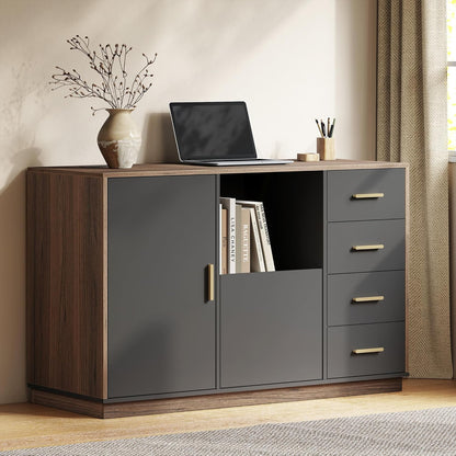 ModernMate 5 Drawer File Cabinet with Charging Station, Storage Cabinet with Door & Adjustable Shelves, Printer Stand with Open Shelf for Home Office, Fits A4/Letter Size, Black Walnut