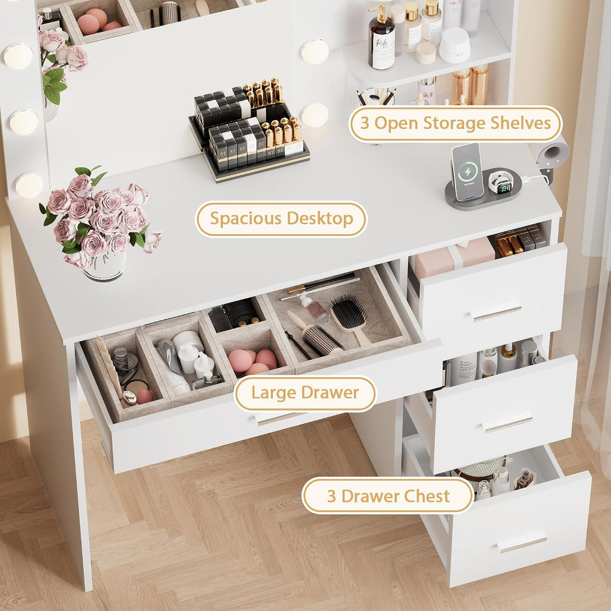 Furmax Vanity Desk with LED Lighted Mirror&Power Outlet, Makeup Vanity Table with 4 Drawers, 3 Open Storage Shelves, and 3 Color Modes, for Bedroom (Pure White)