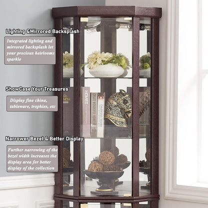 69" H Lighted Corner Curio Cabinet Display Case With Adjustable Shelves, Tempered Glass, Mirrored Back Panel for Living Room (Dark Cherry)
