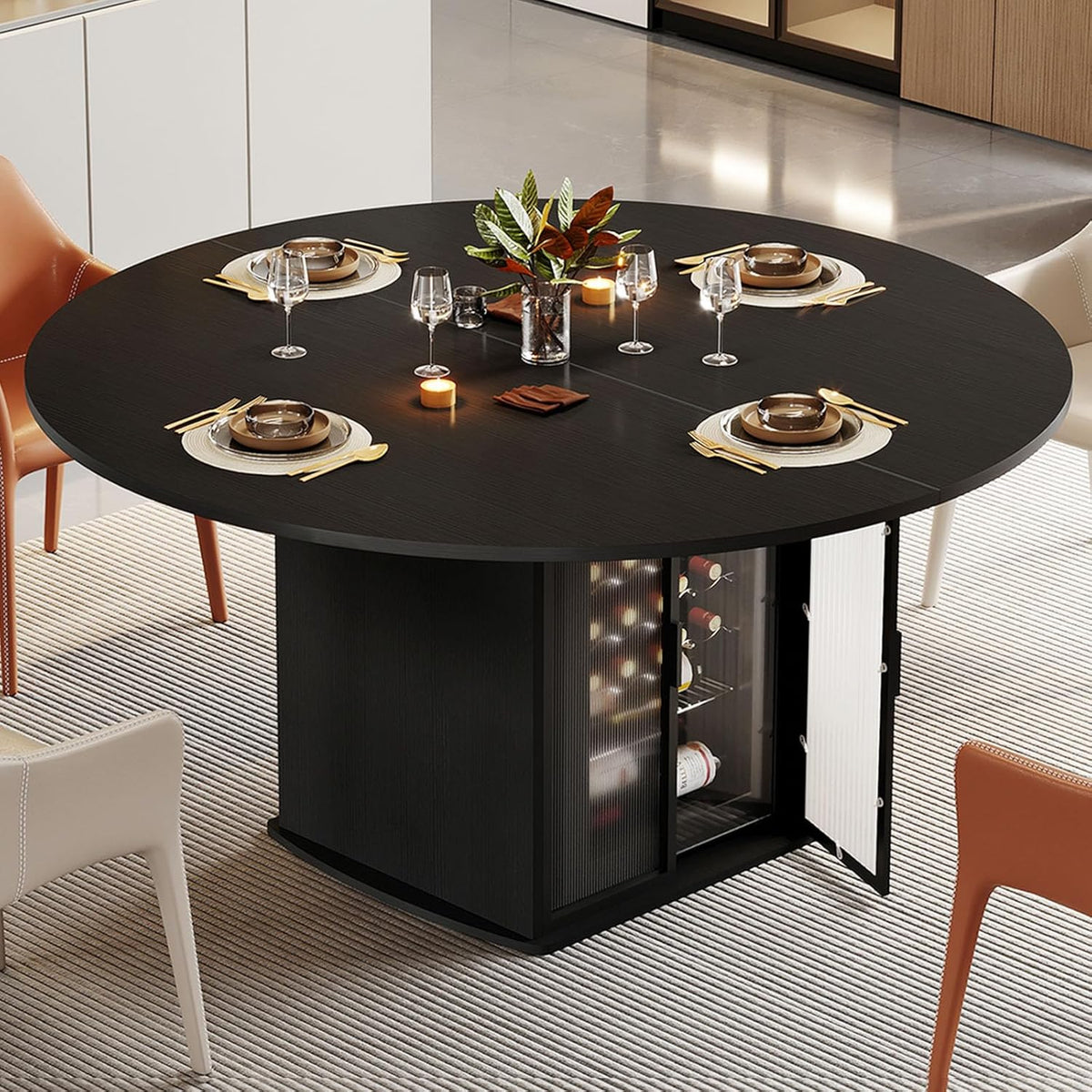 IBF Black Round Dining Table for 4-6, 47" Kitchen Table with Fridge Space, Modern Dining Room Tables with Storage, Industrial Wood Dinner Tables for Home Kitchen Living Room, Black Oak, Only Table