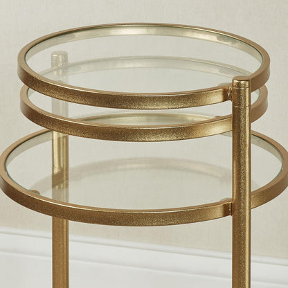 Quincy Adjustable Accent Table | Round, Rotating Clear Glass Tabletops | Three Tiered, Nesting Table Look | Gold Finished Metal Furniture | Perfect for Small Spaces and Unique Modern Decorating Tastes