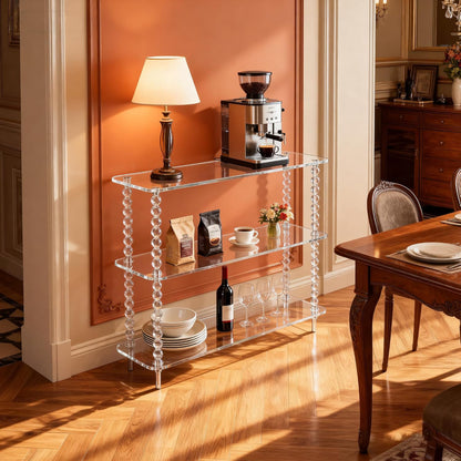 Acrylic Clear Console Table for Entryway, 3-Tier Sofa Table Bookshelf, Low Bookcase with Open Storage Shelves, (Clear, 31.5"×11.8“×28.6”)