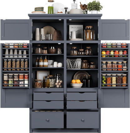 Tall Kitchen Pantry Cabinet with Adjustable Shelves, Freestanding Large Cupboard with 8 Door Shelves, 4 Pull-Out Trays, 6 Drawers for Kitchen, Dining Room (Grey)