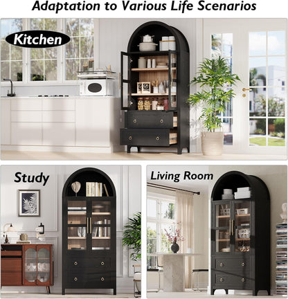 71" Tall Arched Kitchen Pantry Cabinet with 2 Drawers & Glass Doors, Modern Farmhouse Freestanding Storage Cabinet with Adjustable Shelves for Kitchen, Dining Room, Home Organizer(Black)