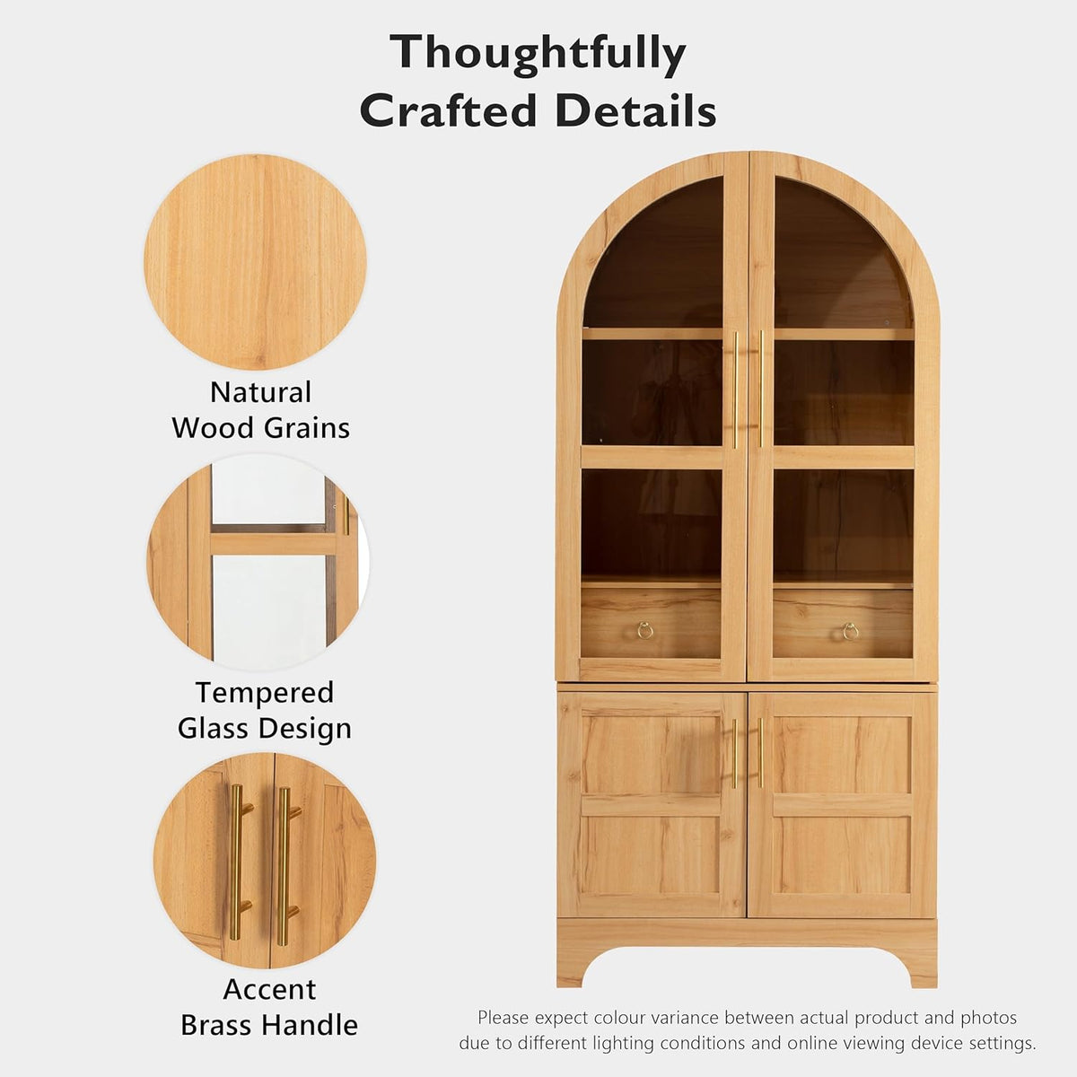 71" Tall Farmhouse Arched Pantry Cabinet with 4 Door Shelves, Adjustable Storage & Hidden Drawer - Rustic Kitchen Cupboard with Glass Door, Dining Room Organization (30"W x 15.75"D) (Natural)
