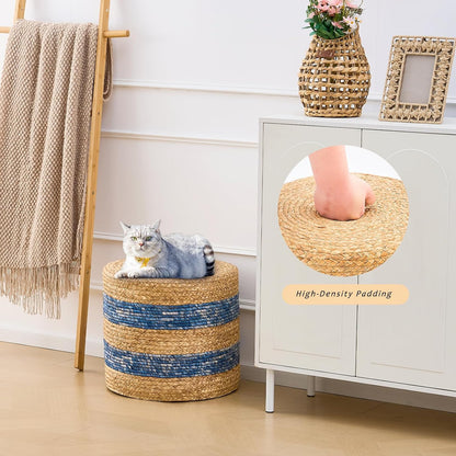 Handwoven Ottoman Pouf, Natural Water Hyacinth Footstool, Round Braided Outdoor Seat with Sturdy Frame, Boho Accent Stool for Patio, Balcony, or Garden (Blue)