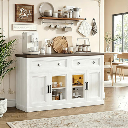 63'' Sideboard Buffet Cabinet with Storage, Modern Credenza with Outlets & LED Light, 2 Drawers, 4 Doors, Adjustable Shelves, Coffee Bar Cabinet for Kitchen Living Room, Antique White