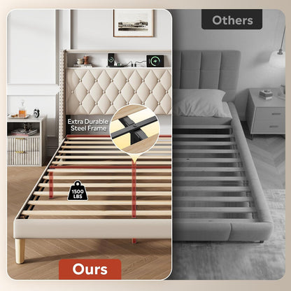 WLIVE Queen Size Upholstered Bed Frame with 48'' Tall Wingback Headboard, Velvet Square Tufted Platform Beds with Charging Station, Sturdy Metal & Wooden Slats Support, Beige