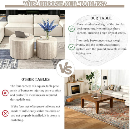 Modern Nesting Coffee Table Set of 2 Round Travertine Finish Nesting Tables Sofa Side Table Small End Table for Living Room, Small Space, No Assembly Required (Grey Travertine)