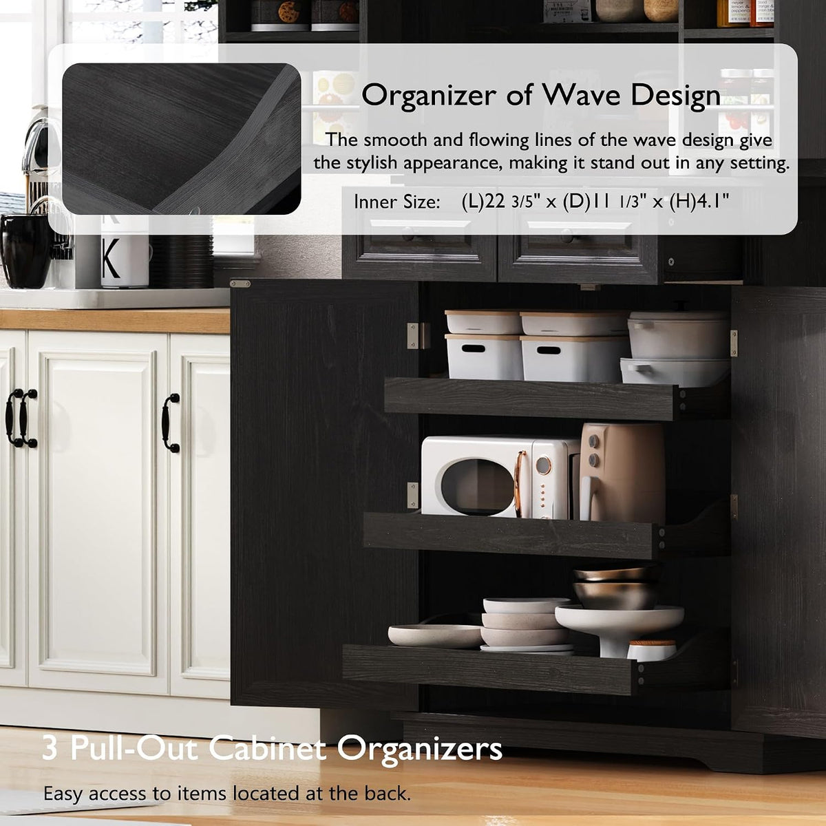 71" Tall Kitchen Pantry Cabinet with 3 Pull Out Organizers, Farmhouse Storage Cabinet with 6 Door Shelves,2 Drawers,Freestanding Cupboard for Kitchen Dining Room (Black-@01)