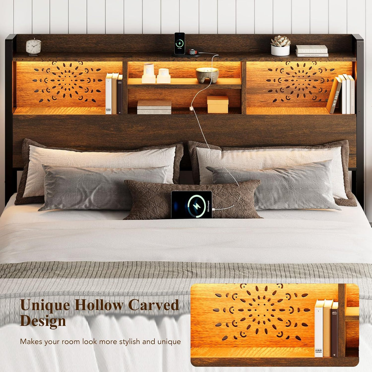 Belffin King Size Bed Frame with 6 Storage Drawers and Carving Headboard