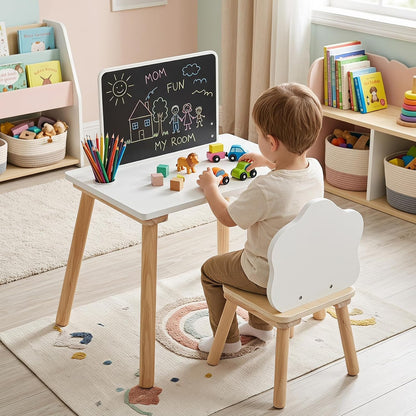 Costzon Weaning Table and Chair Set with Chalkboard | Wooden Kids Table and Chair Set with Brush Pot for Drawing, Learning and Mealtime, Multi Activity Desk for Toddlers