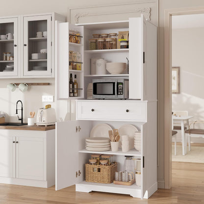 Garvee 71" Kitchen Pantry Cabinet, Barn Door Freestanding Cupboard with Drawer, Sliding Storage Rack, and 6 Hanging Shelves for Kitchen, Dining Room, Living Room Bedroom