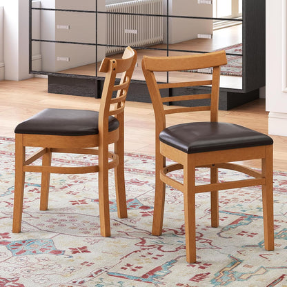 KOTEK Wooden Dining Chairs Set of 2, Solid Rubber Wood Kitchen Chairs with PU Leather Cushioned Seat and Curved Backrest, Armless Side Chairs for Dining Room, Living Room (Brown & Black)