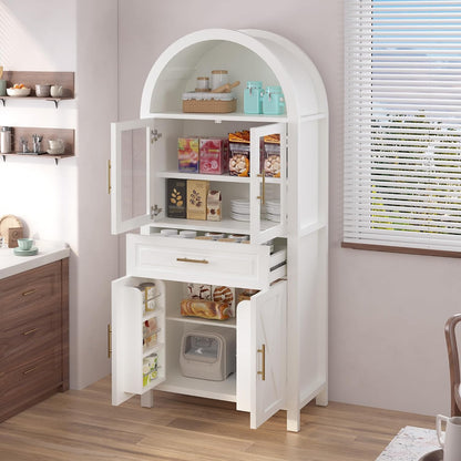 GDFStudio 71" Tall Arched Cabinet with Glass Door & Barn Door Design, Modern Farmhouse Storage Cabinet with Adjustable Shelves - White
