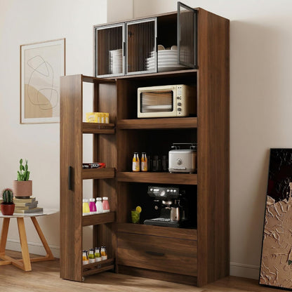 Tall Kitchen Pantry Cabinet with Microwave Stand, Walnut Coffee Bar Cabinet with Drawer, Pull-Out Storage Shelves and Aluminum Frame Glass Doors, Freestanding Food Hutch for Kitchen and Dining Room