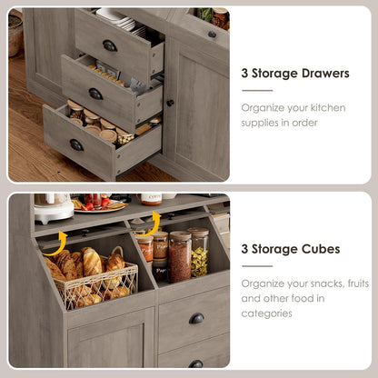 HIFIT 71.4” H Kitchen Hutch Pantry Cabinet with 3 Bread Boxes&7 Metal Hooks | Farmhouse Kitchen Hutch Cabinet with Storage and Glass Doors for Living Dining Room, Home Office, Ash Grey