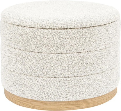 Round Storage Ottoman with Tray Lid, Folding Chenille Fabric Footrest with Hidden Storage, 22.8" Large Footstool Side Table for Dorm Living Room Bedroom, Wood Grain Base, Cream White