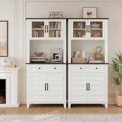 Garvee 72 in Tall Kitchen Pantry Cabinet, Kitchen Hutch Bar Cabinet with Microwave Stand, Cupboard with Drawers Glass Doors for Dining Room, Living Room, White