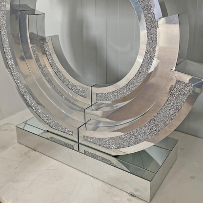 Silver Mirrored Console Table, 43" Modern Entryway Tables with Crushed Diamond lnlay, 3C-Shaped Luxury Mirrored Sofa Table Behind Couch Foyer Hallway Tables for Living Room Entrance