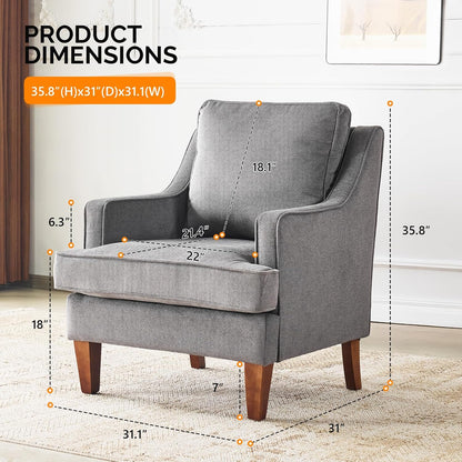 VINGLI Mid-Century Modern Accent Chair, Light Grey Upholstered Armchair Comfy Sofa Chair Reading Chair High Back for Living Room Bedroom Furniture Apartment