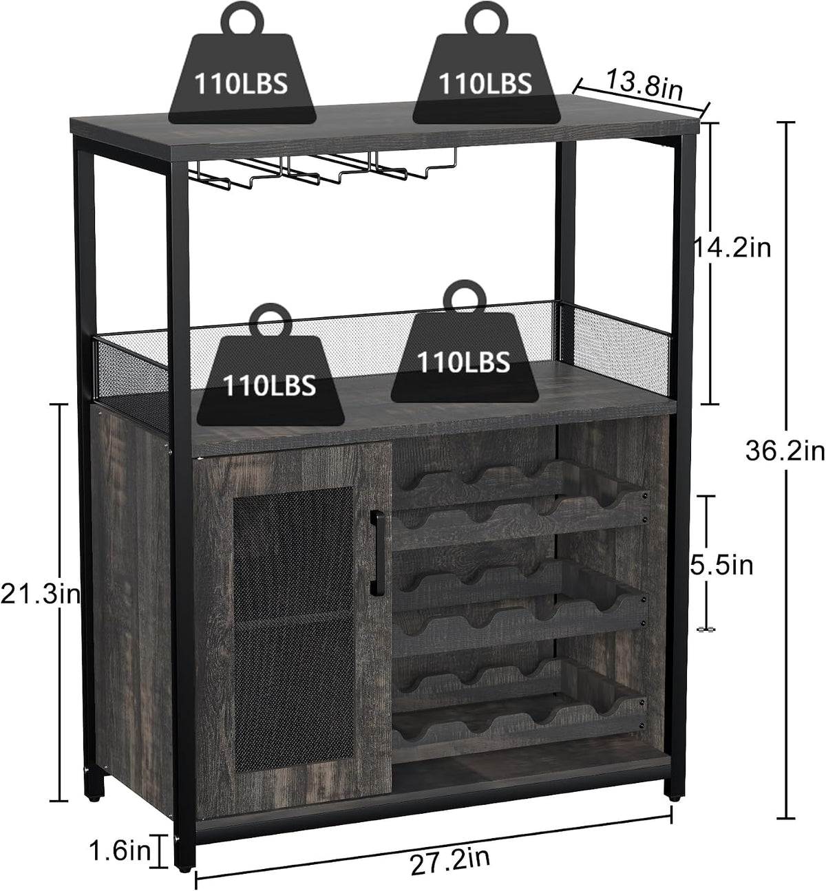 Takywep 3-Tier Wine Bar Cabinet with Removable Wine Rack, Glass Holder, Industrial Buffet Cabinet with Mesh Doors, Storage Sideboard for Kitchen, Dining Room, Living Room