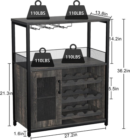 Takywep 3-Tier Wine Bar Cabinet with Removable Wine Rack, Glass Holder, Industrial Buffet Cabinet with Mesh Doors, Storage Sideboard for Kitchen, Dining Room, Living Room