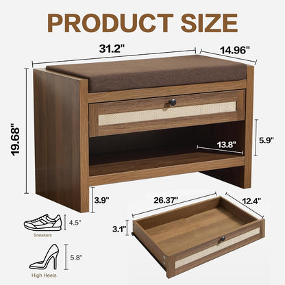 VipDesk Rattan Shoe Bench with Storage Drawer and Cushion Seat, Walnut Wood Entryway Bench 330 lbs Capacity, Waterproof for Hallway, Bedroom, Living Room