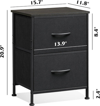 WLIVE Black Night Stand, Small Dresser with 2 Drawers & Wooden Top, Nightstand with Fabric Bins, Bedside Table End Table for Bedroom, Closet, Entryway, College Dorm, Charcoal Black | Nightstand with Fabric Bins, Bedside Table End Table for Bedroom