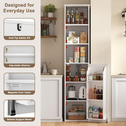 ChooChoo Narrow Kitchen Pantry Storage Cabinet, Slim Storage Cabinet with Adjustable Shelves and Open Shelves, Tall Freestanding Pantry Cabinet for Small Spaces, Kitchen, Dining Room, Bathroom, White