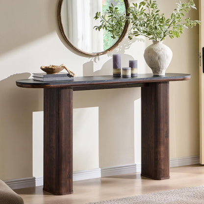 OKD 63 Inch Modern Console Table with Arc Faux Marble Texture Top, Fluted Wood Base, Contemporary Entryway Sofa Table for Living Room, Hallway, Foyer, Dark Walnut