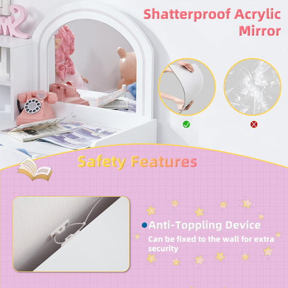 Kids Vanity with Lights, Vanity Set with Drawer and Storage Shelves, 2 in 1 Toddler Vanity with Lighted Mirror, Girls Vanity Set with Stool for Little Girls (White)
