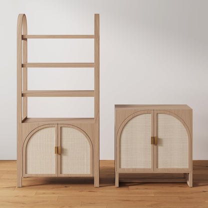 Nathan James Paxton Mid-Century Modern Wood Storage Cabinet with Doors, Arched Storage Cabinet for Living Room or Kitchen with Rattan Door Details, Raw Oak