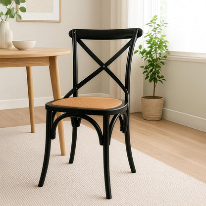 2xhome Wooden X Back Dining Chair | Woven Rattan Seat with Metal Cross Back | Rustic Farmhouse Kitchen Side Chair Fully Assembled (2, Black, Dining)