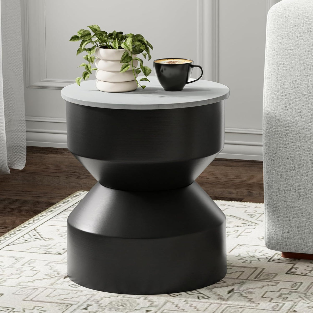 SIMPLIHOME Maxine Side Table - 18 inch Wide Genuine Marble Top Round Accent Table in Black/White, Modern End Table or Metal Table with Black Base for Living Room or Bedroom, Assembled