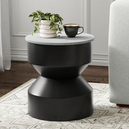 SIMPLIHOME Maxine Side Table - 18 inch Wide Genuine Marble Top Round Accent Table in Black/White, Modern End Table or Metal Table with Black Base for Living Room or Bedroom, Assembled