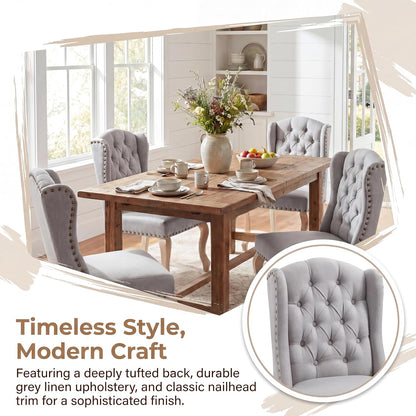 chairus Tufted Upholstered Parsons Dining Chairs Set of 6, Grey Linen | Linen Upholstery, Tufted Wingback, Solid Wood Legs, Nailhead Trim, High Back, French Country Kitchen Chairs for Dining Space