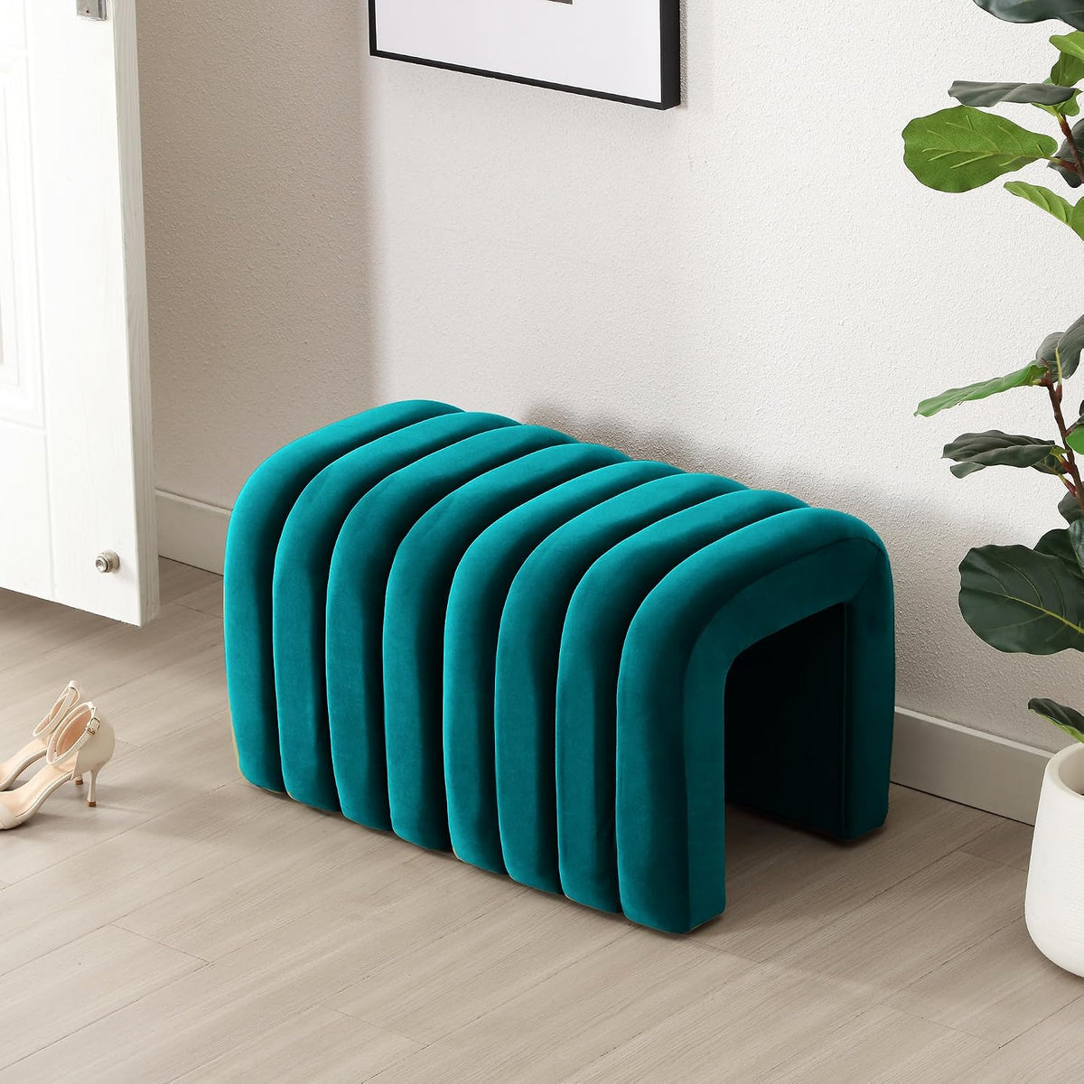 Flouki Small Ottoman Set of 2, Vanity Stools with Aesthetic Channel Tufted, Ottoman Foot Stool for Entryway, Upholstered Foot Rest Extra Seat for Living Room (Teal)