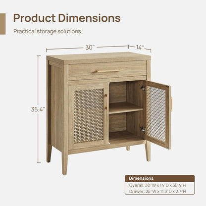 SICOTAS 30" Kitchen Sideboard Buffet Cabinet with Storage, Modern Farmhouse Coffee Bar Table with Adjustable Shelf & Gold Mesh Doors, Storage Cabinet with Drawer for Living Room Entryway, Light Walnut
