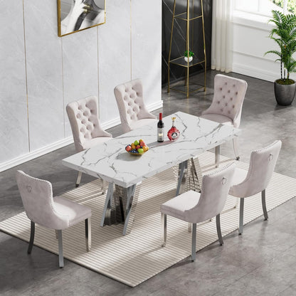 70" Faux Marble White Dining Table for 6, Modern Dining Room Table with 0.71" Marble Printing MDF Top and Flash-Shaped Silver Stainless Steel Base,Rectangular Large Kitchen Dinner Table