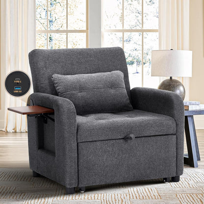 Convertible Sleeper Chair-Fabric Futon Sofa Bed, Single Sleeper Sofa, Small Couch Bed with USB Port, Foldable Table, Pillow, Adjustable Backrest for Dorm/Bedroom/College Darkgrey
