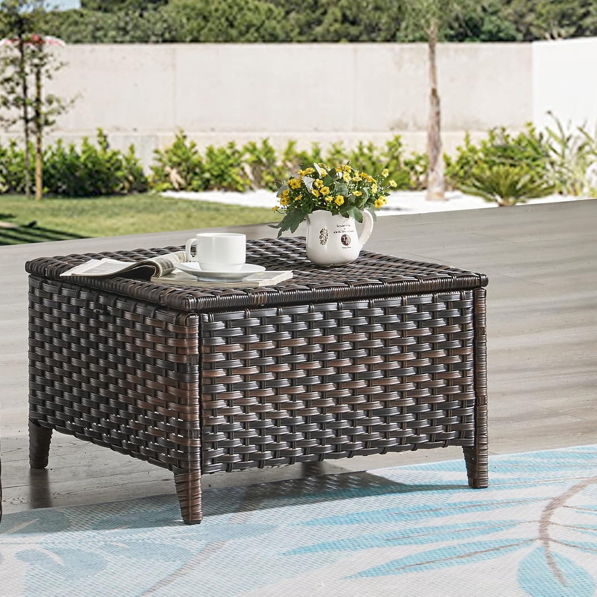 HUMMUH Outdoor Ottomans for Patio Set of 2 PE Wicker Steel Frame Outdoor Footstool for Patio, Backyard, Additional Seating, Side Tables with Removable Weather-Resistant Cushions
