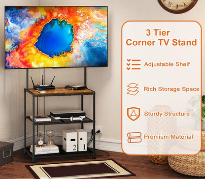 23 Inch to 50 Inch Floor Small Corner TV Stand with Storage Shelves for Living Room Bedroom, Universal Floor Television Stands with Mount, Rustic Brown Corner TV Table Desk Shelf for Small Space