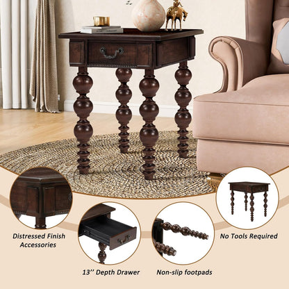 KEIKI Solid Rubber Wood Round Side End Table with Storage Drawer, Traditional Vintage Couch Sofa Bedside Table Night Stand for Living Room Bedroom, Easy Assembly, Espresso
