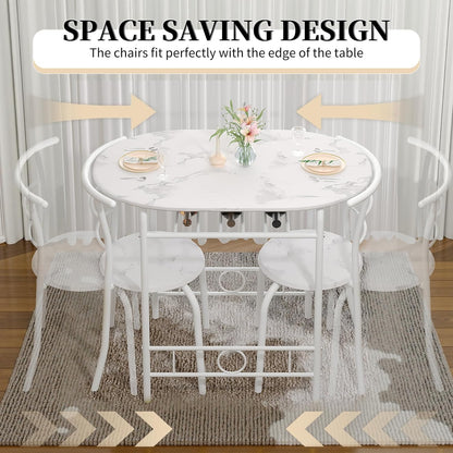 VECELO 3-Piece Dining Table Set for Kitchen Breakfast Nook, Faux Marbled Oval Tabletop and Metal Frame with Built-in Wine Rack, for Small Spaces, White