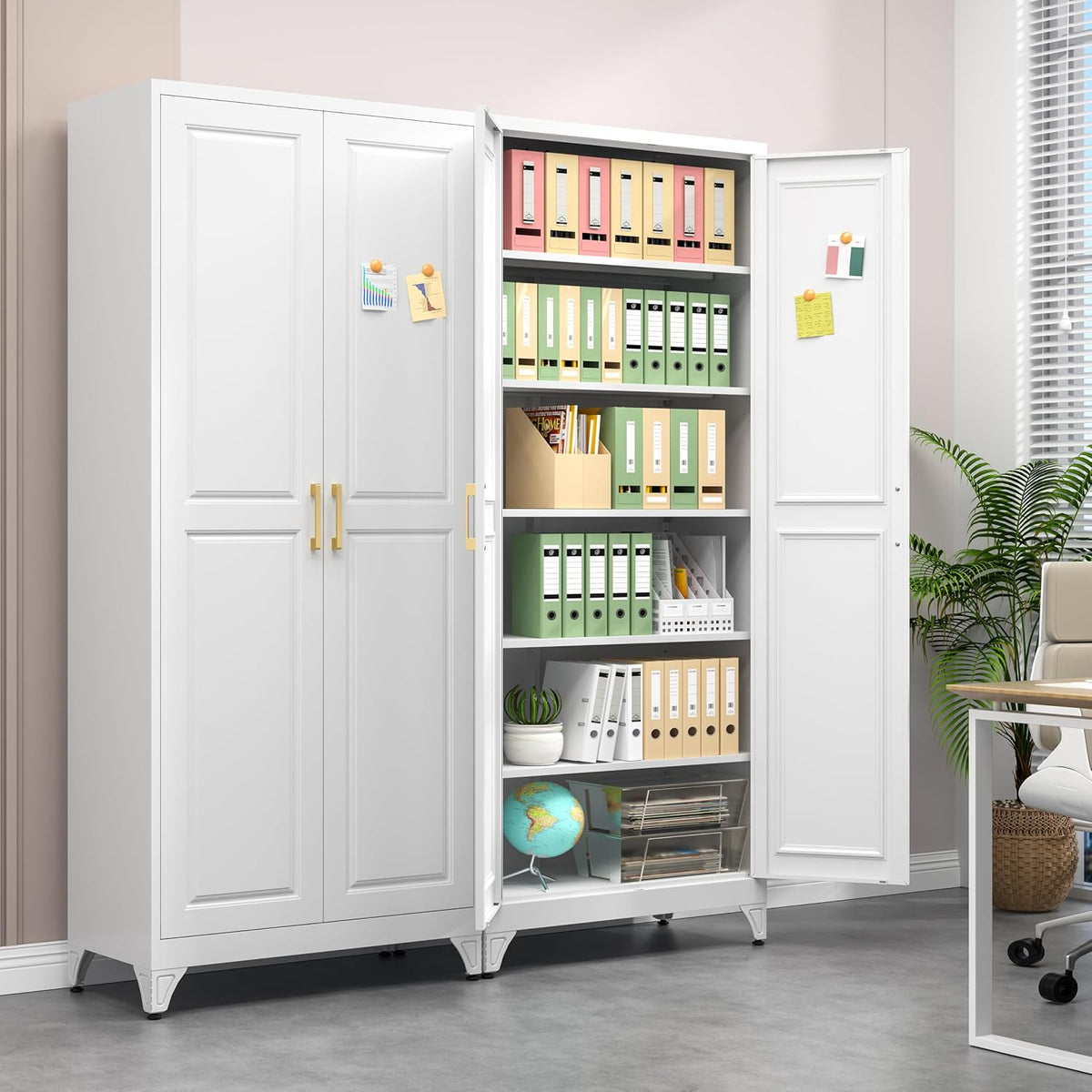 Polup 75" Pantry Cabinet, Tall Metal Storage Cabinet with Doors and Shelves | White Kitchen Cabinet, 5 Adjustable Shelving, Heavy-Duty Steel, Gold Handles, 4 Standing Feet, for Garage Office & Laundry