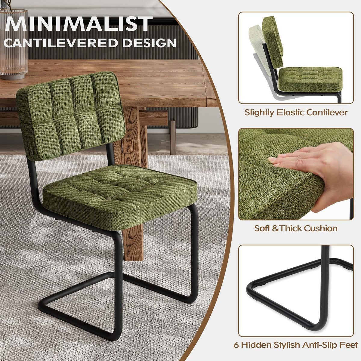 Mid-Century Modern Dining Chairs Set of 2 with Metal Legs, Green | Upholstered Chenille Cantilever Dining Chairs with Ergonomic Backrests, Armless Design, Padded Seats for Dining Room