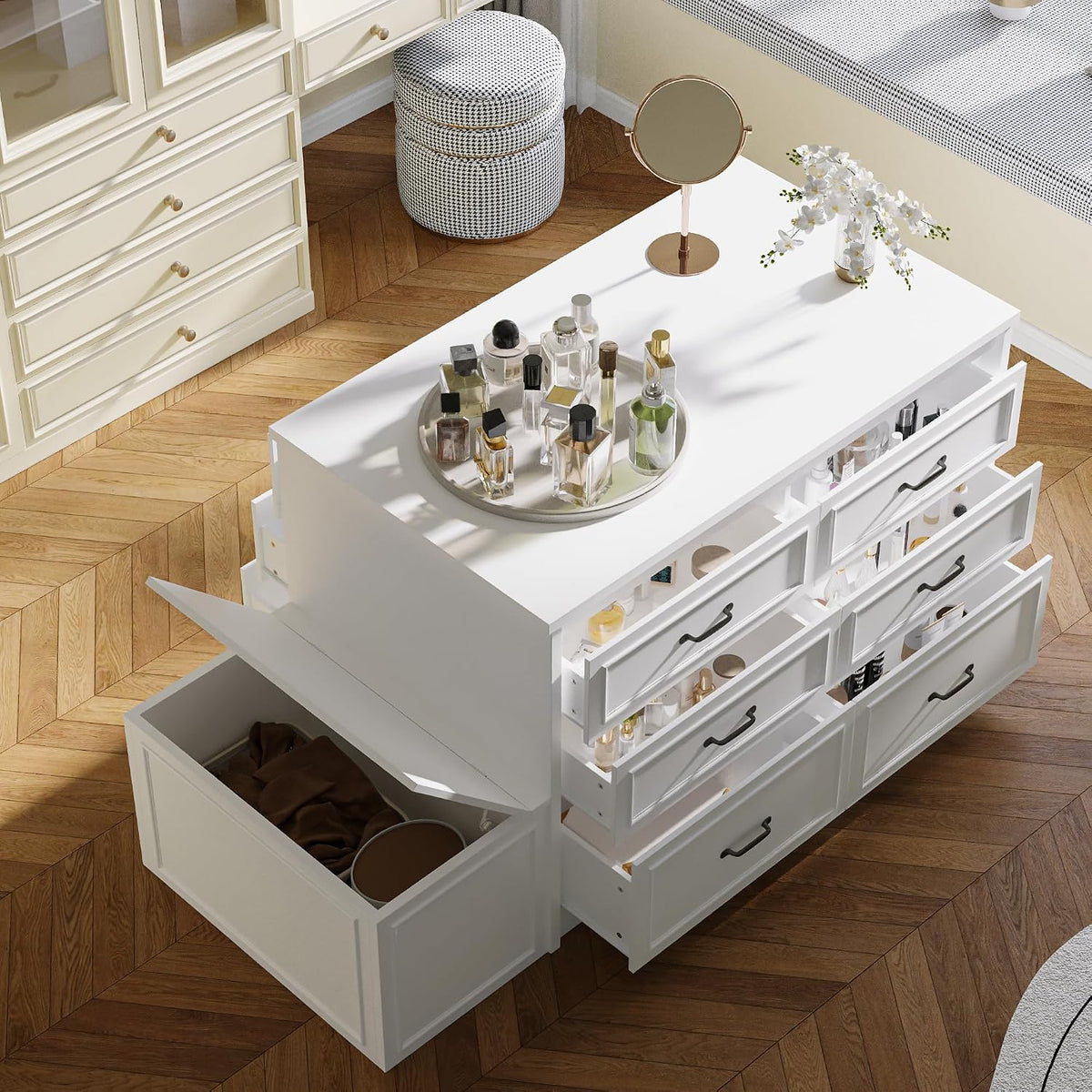 ECACAD 61.9" W Closet Island with Storage Bench & 12 Drawers, Modern Wooden Armoire Wardrobe Dresser Island for Bedroom Walk-in Closet, White
