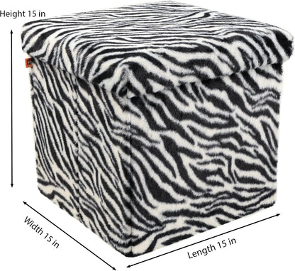 Luxe Faux Fur Storage Ottoman, Zebra Black/White, 15 x 15 x 15 in | Engineered Wood, Tool-Free Assembly, Modern Style, Seat And Footrest
